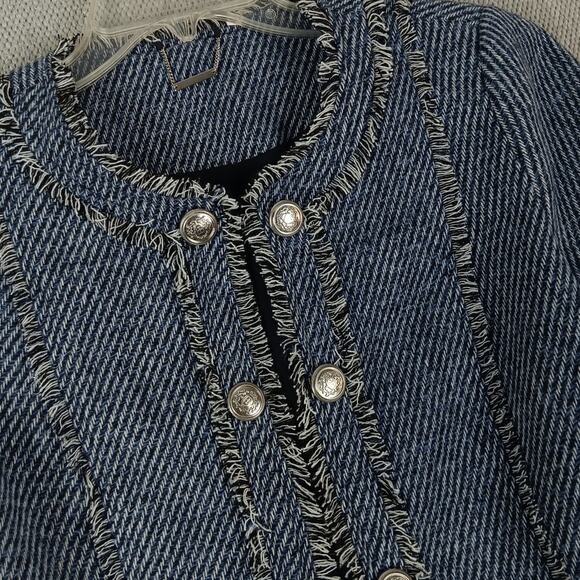 Chicos Open Front Jacket Womens Size 8 Blue Tweed Fringe Military Evening Casual - Picture 1 of 15